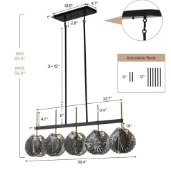 5-light Linear Chandelier, Modern Ceiling Lighting With Smoky Gray Glass Shades For Dining Room