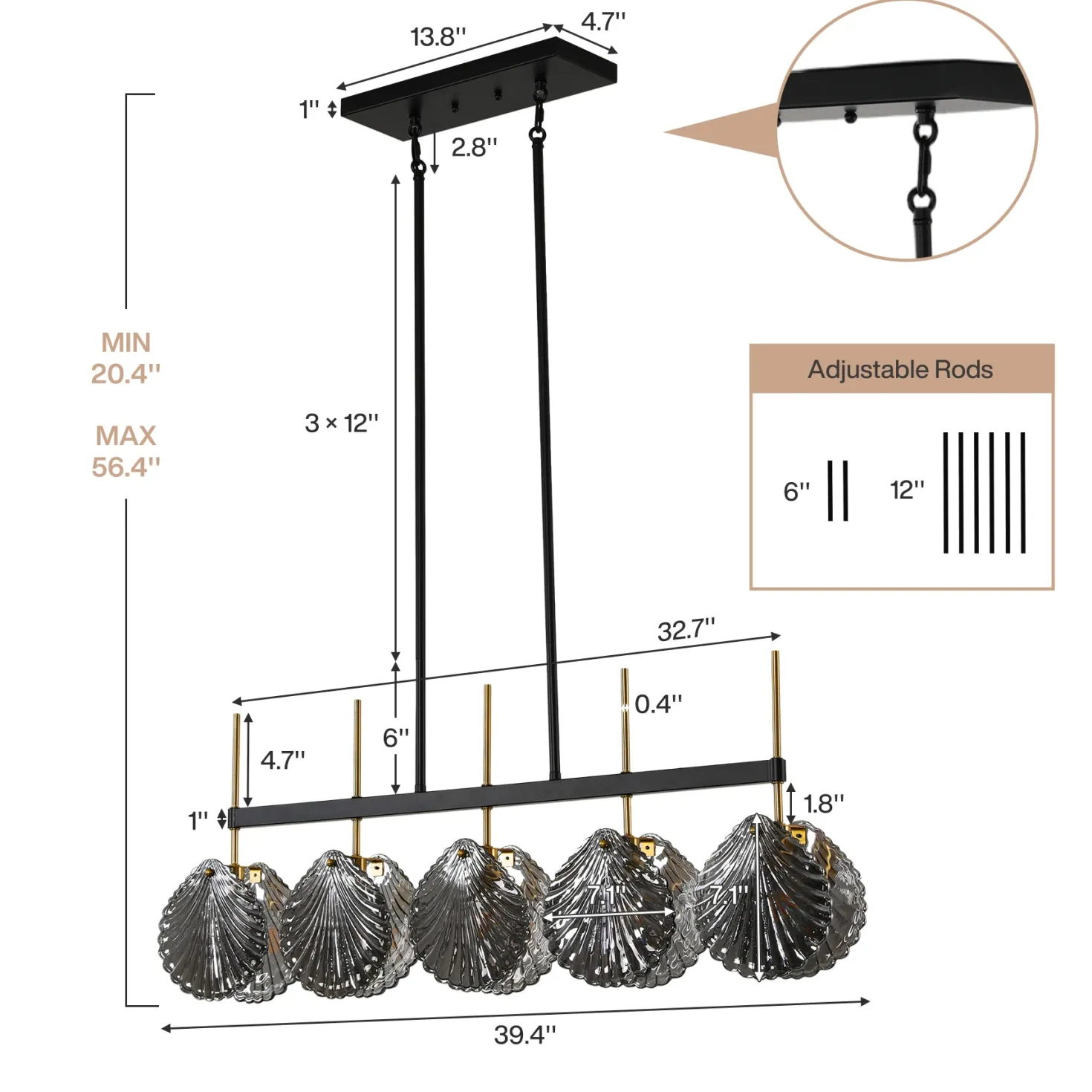 5-light Linear Chandelier, Modern Ceiling Lighting With Smoky Gray Glass Shades For Dining Room