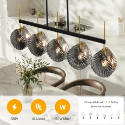 5-light Linear Chandelier, Modern Ceiling Lighting With Smoky Gray Glass Shades For Dining Room