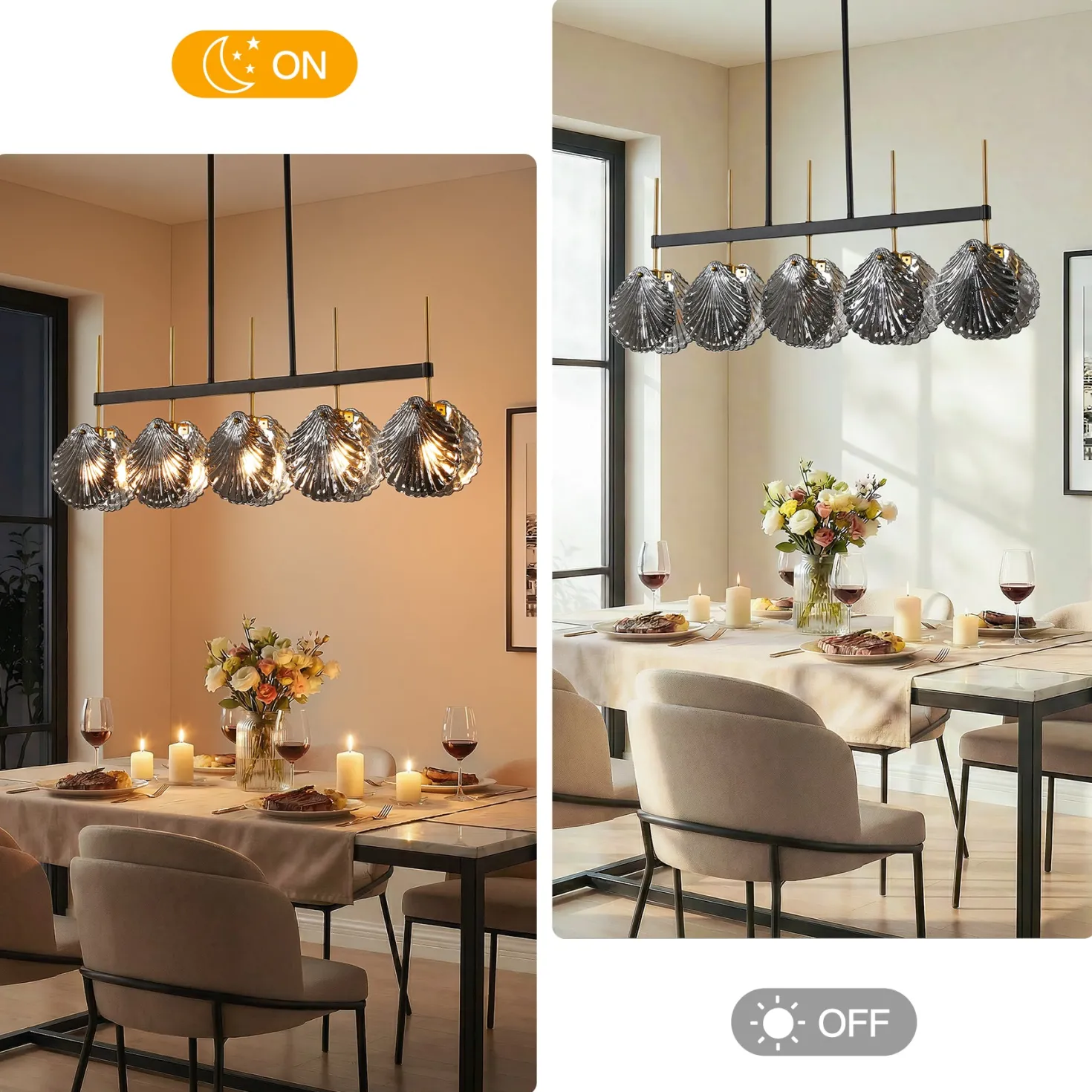 5-light Linear Chandelier, Modern Ceiling Lighting With Smoky Gray Glass Shades For Dining Room