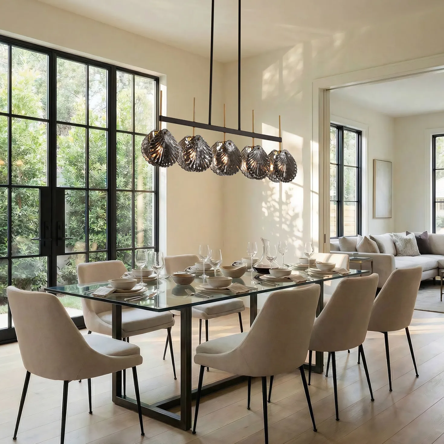 5-light Linear Chandelier, Modern Ceiling Lighting With Smoky Gray Glass Shades For Dining Room