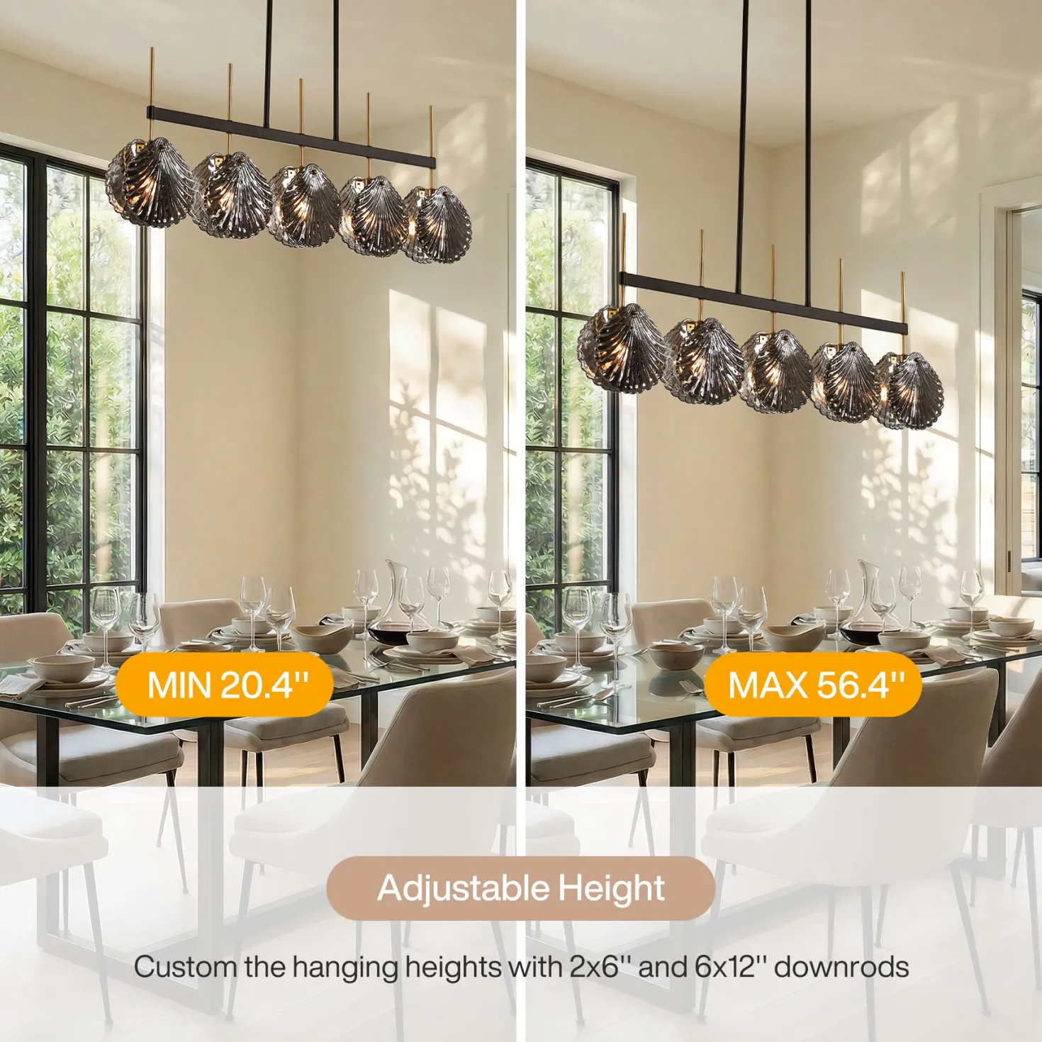 5-light Linear Chandelier, Modern Ceiling Lighting With Smoky Gray Glass Shades For Dining Room
