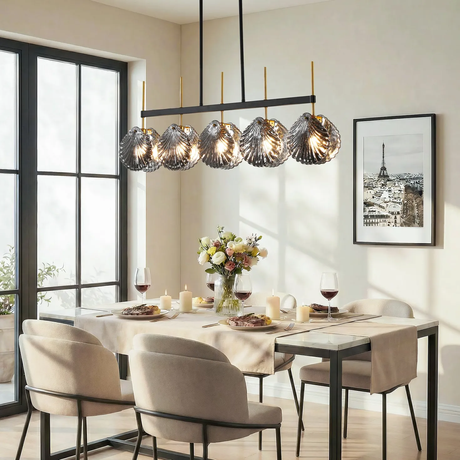 5-light Linear Chandelier, Modern Ceiling Lighting With Smoky Gray Glass Shades For Dining Room