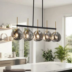 5-light Linear Chandelier, Modern Ceiling Lighting With Smoky Gray Glass Shades For Dining Room
