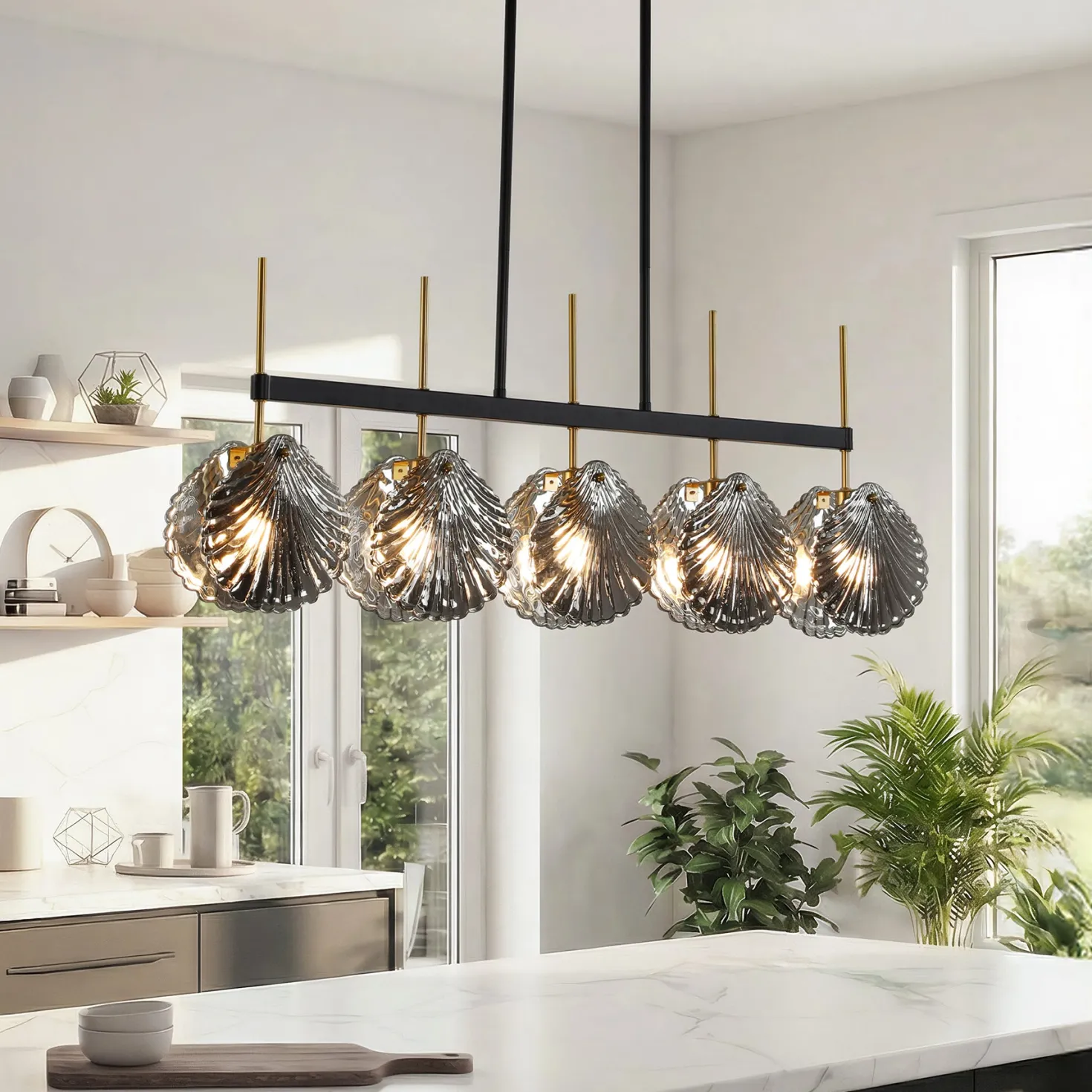 5-light Linear Chandelier, Modern Ceiling Lighting With Smoky Gray Glass Shades For Dining Room