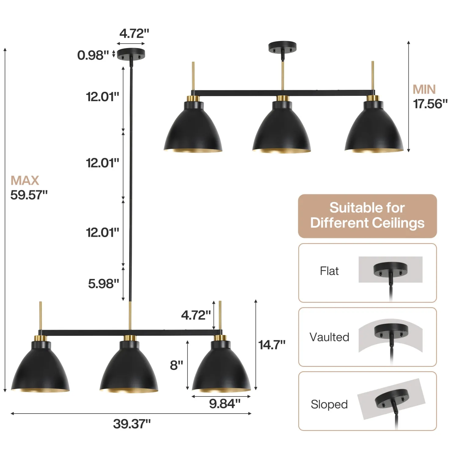 3-Light Linear Pendant Lighting, Kitchen Island Light Fixture with Adjustable Rods