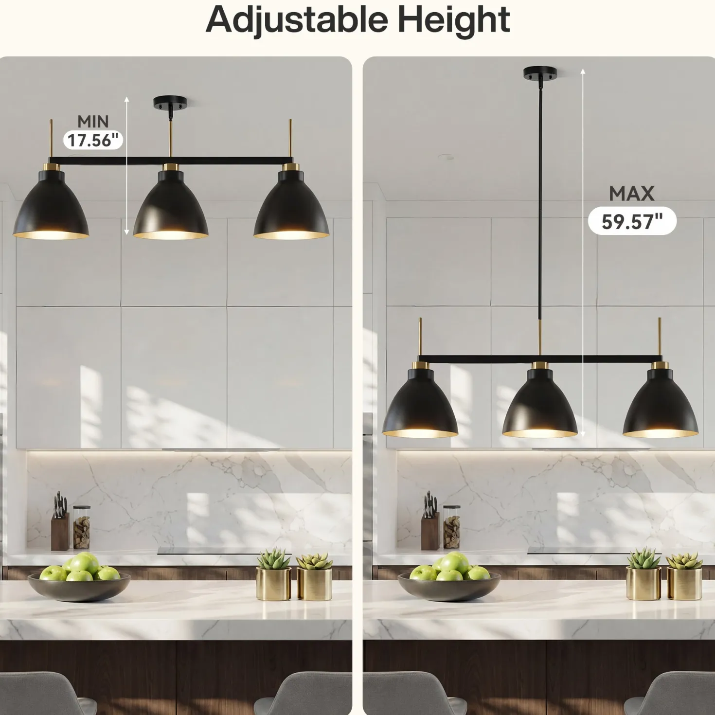 3-Light Linear Pendant Lighting, Kitchen Island Light Fixture with Adjustable Rods