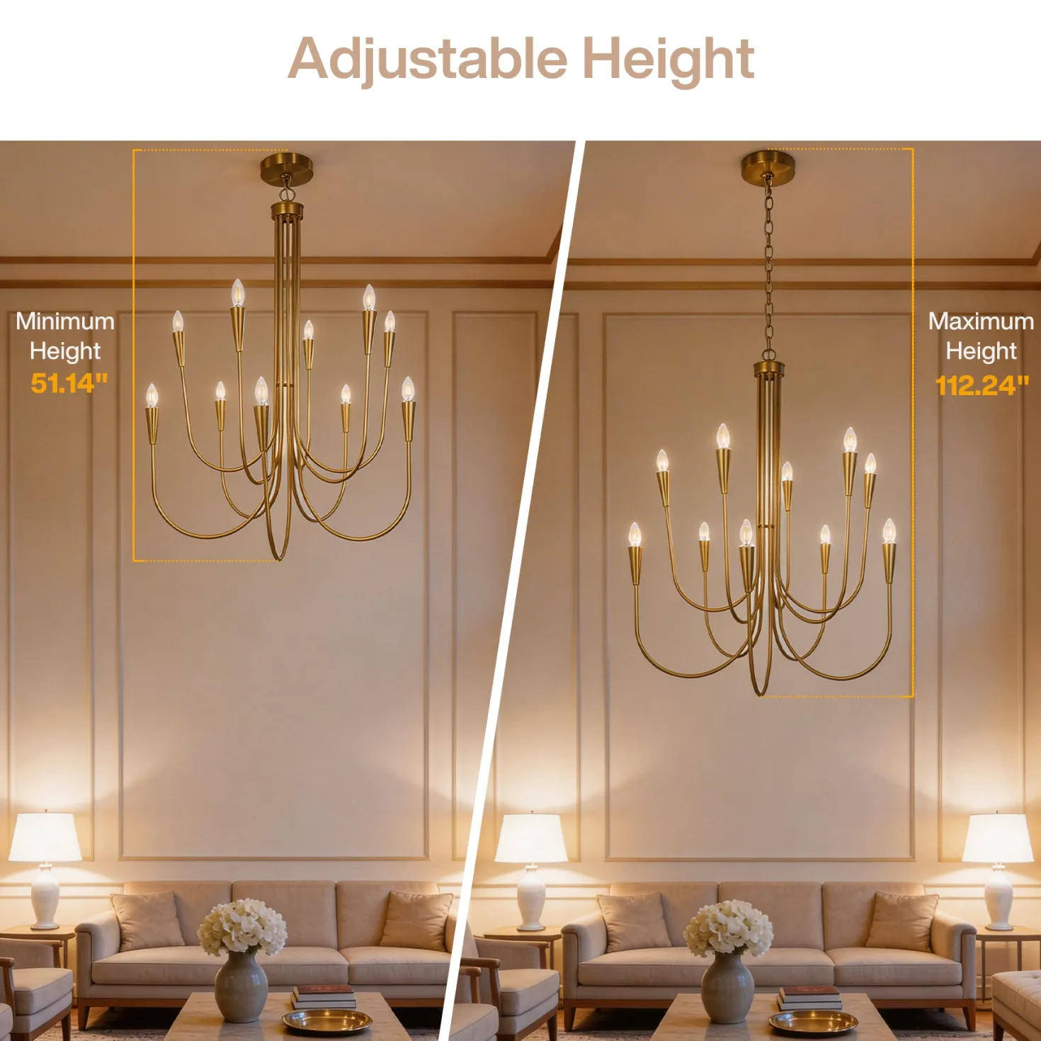 10-Light Modern Chandelier, U-Shaped Arms Pendant Light Fixture