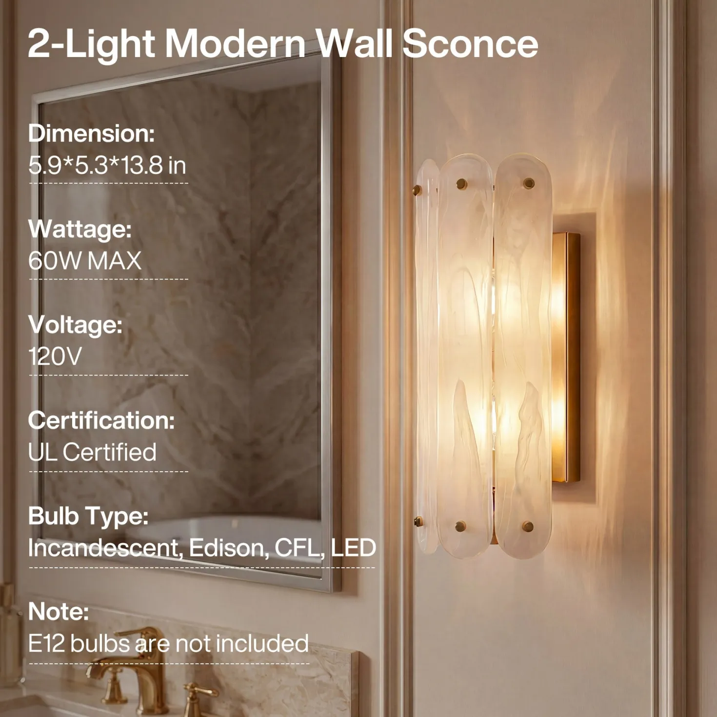 2-Light Modern Wall Sconce, 13.78" Wall Light Fixture with Glass Shade