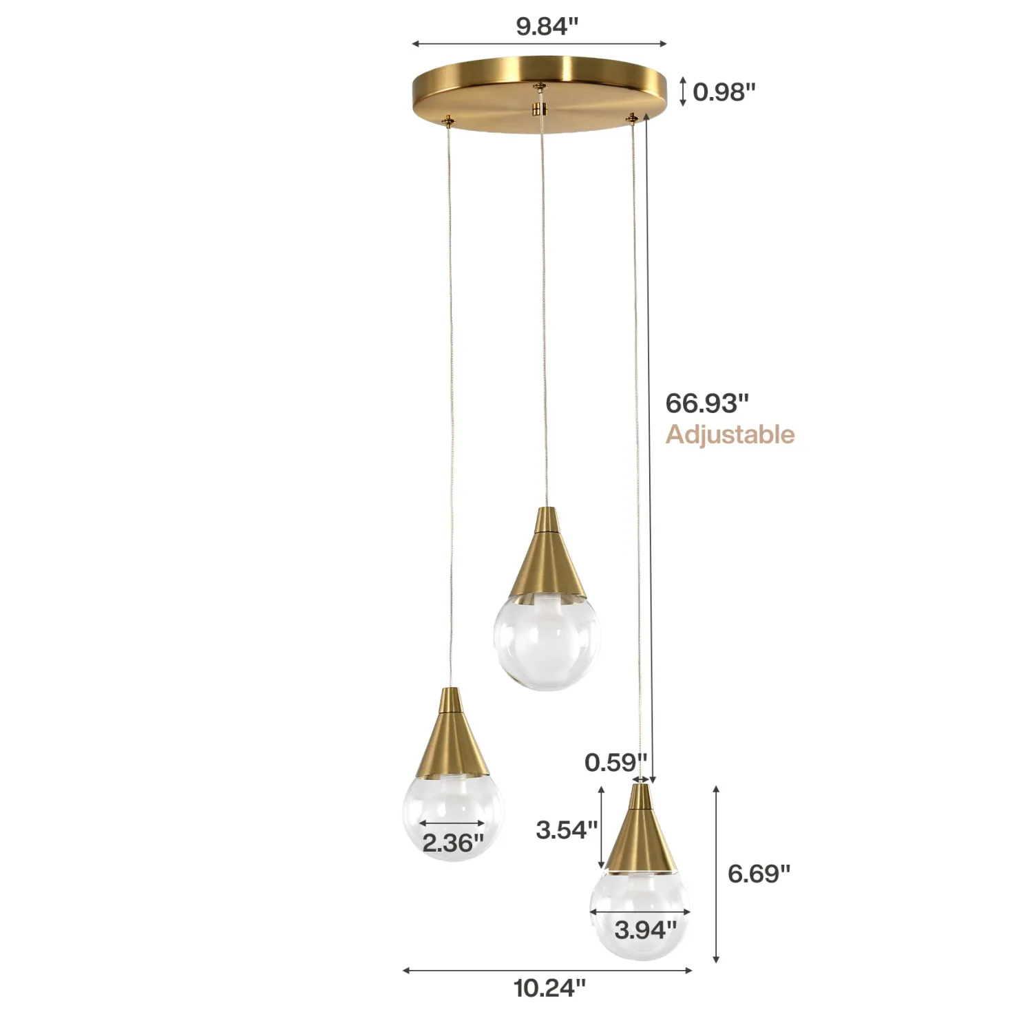 3-Light Pendant Light, Brushed Brass Adjustable Ceiling Light Fixtures