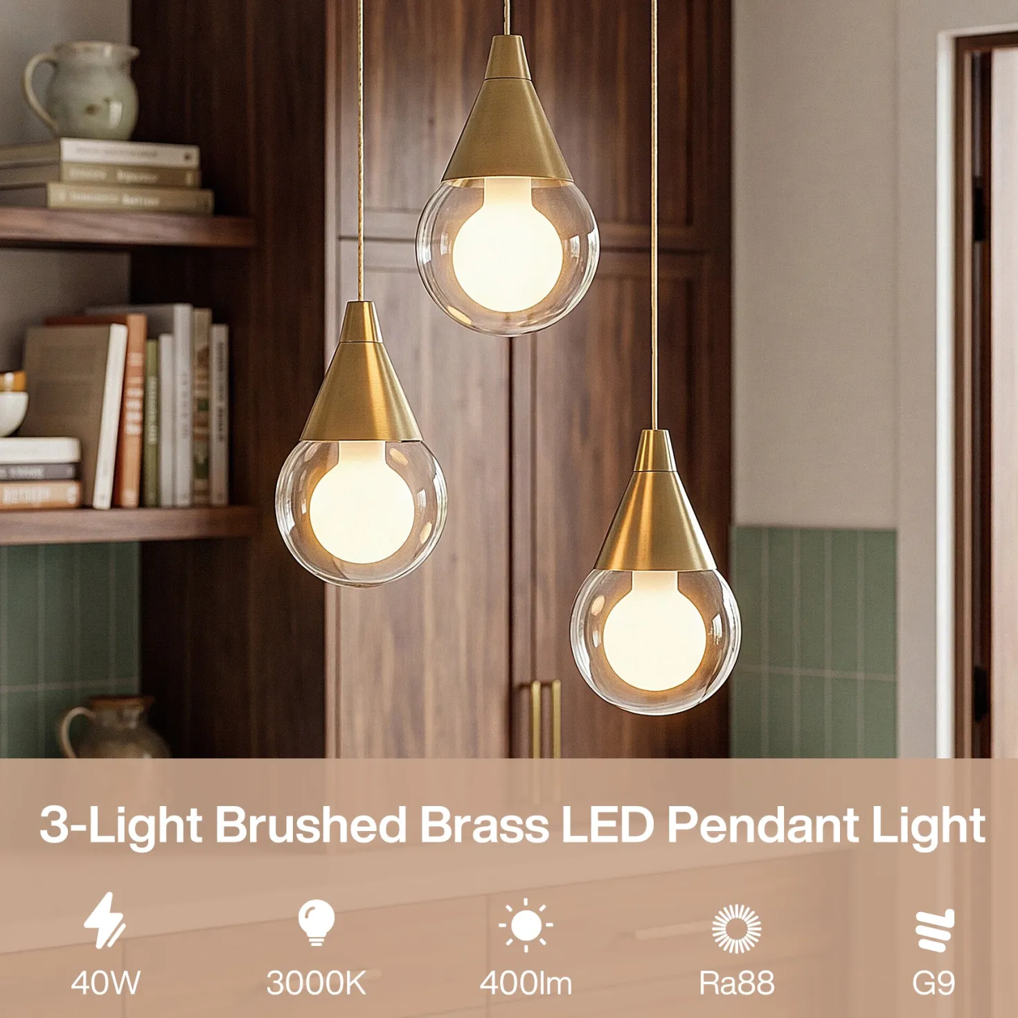 3-Light Pendant Light, Brushed Brass Adjustable Ceiling Light Fixtures