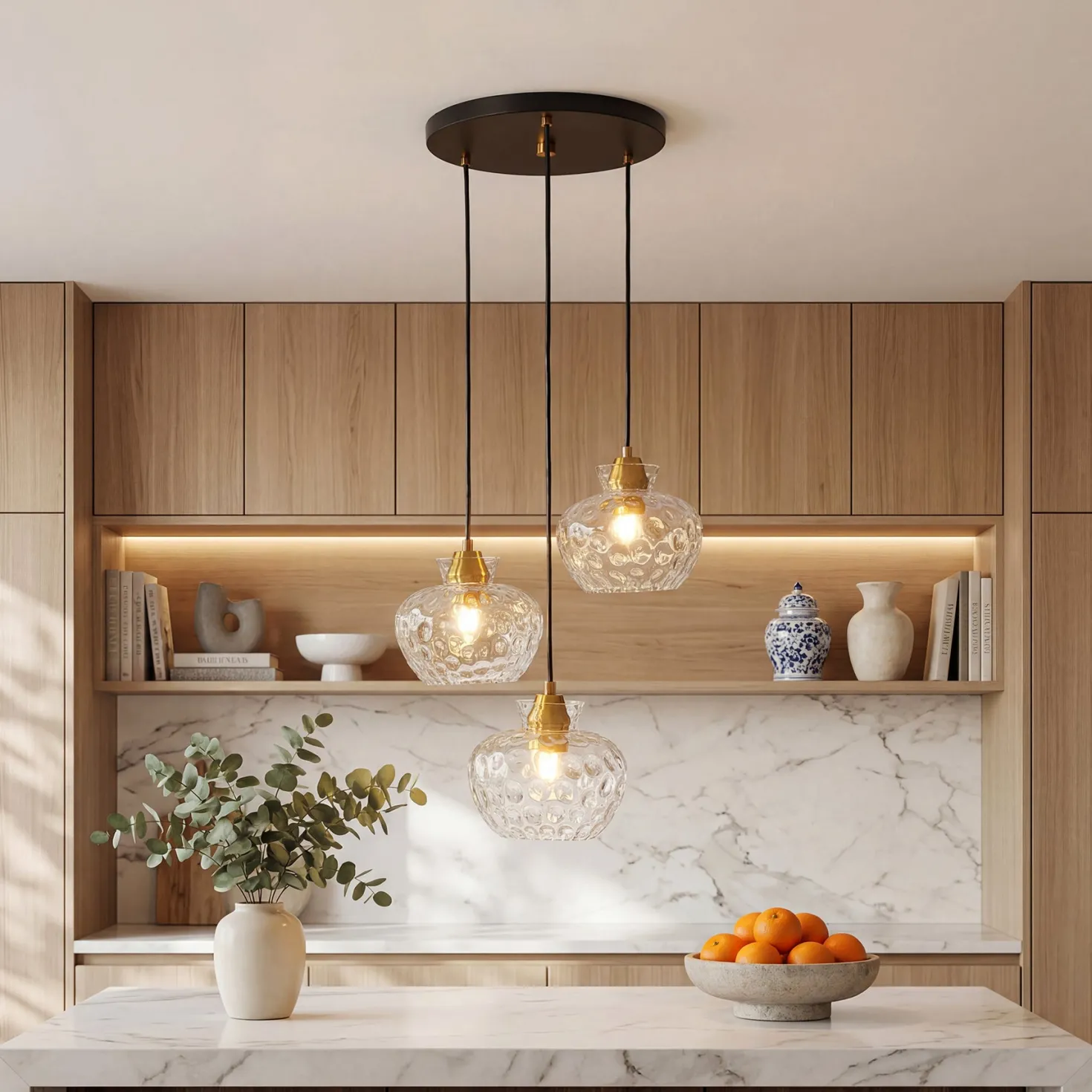 3-Light Pendant Lighting, Kitchen Ceiling Light Fixtures with Water Ripple Glass Shade
