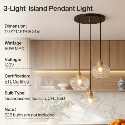 3-Light Pendant Lighting, Kitchen Ceiling Light Fixtures with Water Ripple Glass Shade