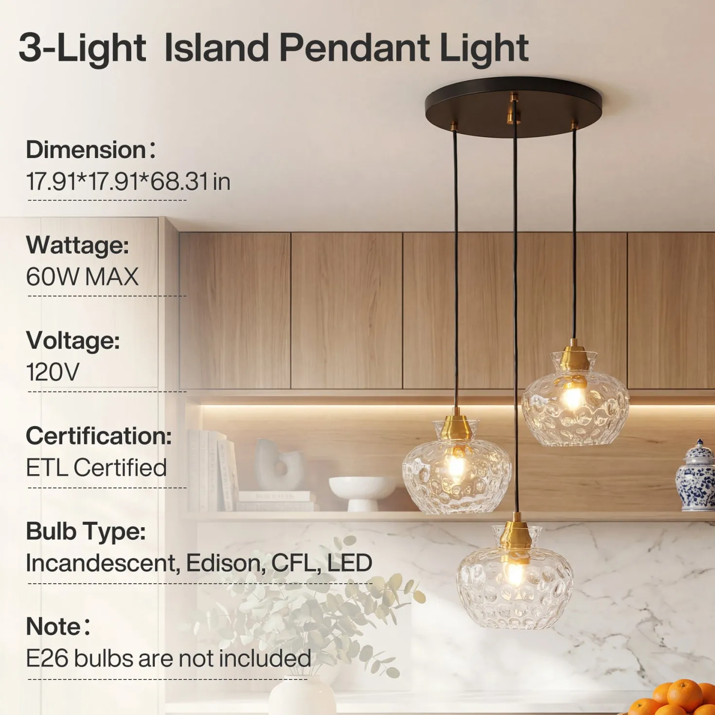 3-Light Pendant Lighting, Kitchen Ceiling Light Fixtures with Water Ripple Glass Shade