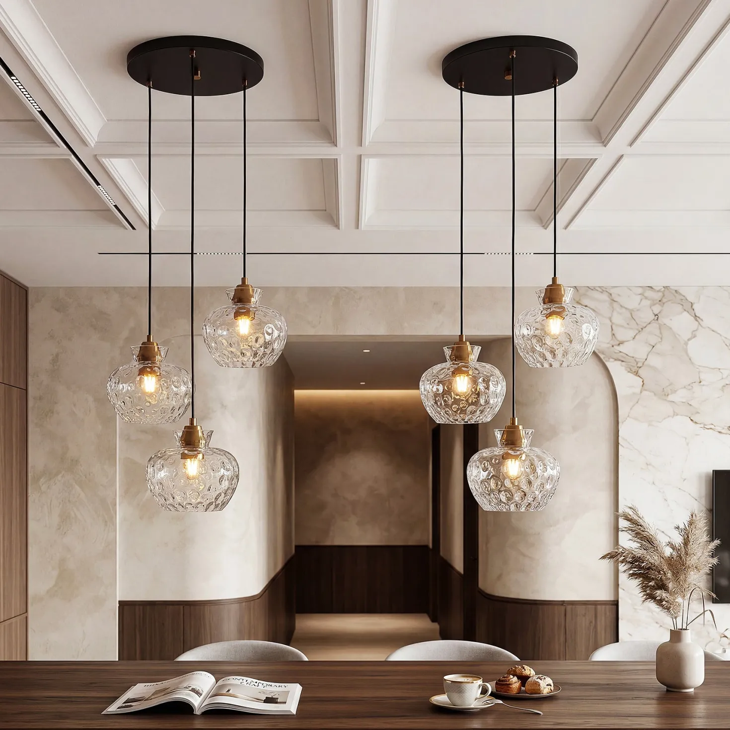 3-Light Pendant Lighting, Kitchen Ceiling Light Fixtures with Water Ripple Glass Shade