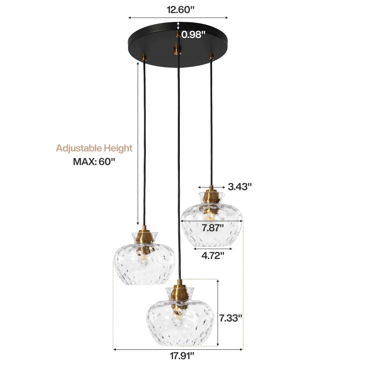 3-Light Pendant Lighting, Kitchen Ceiling Light Fixtures with Water Ripple Glass Shade