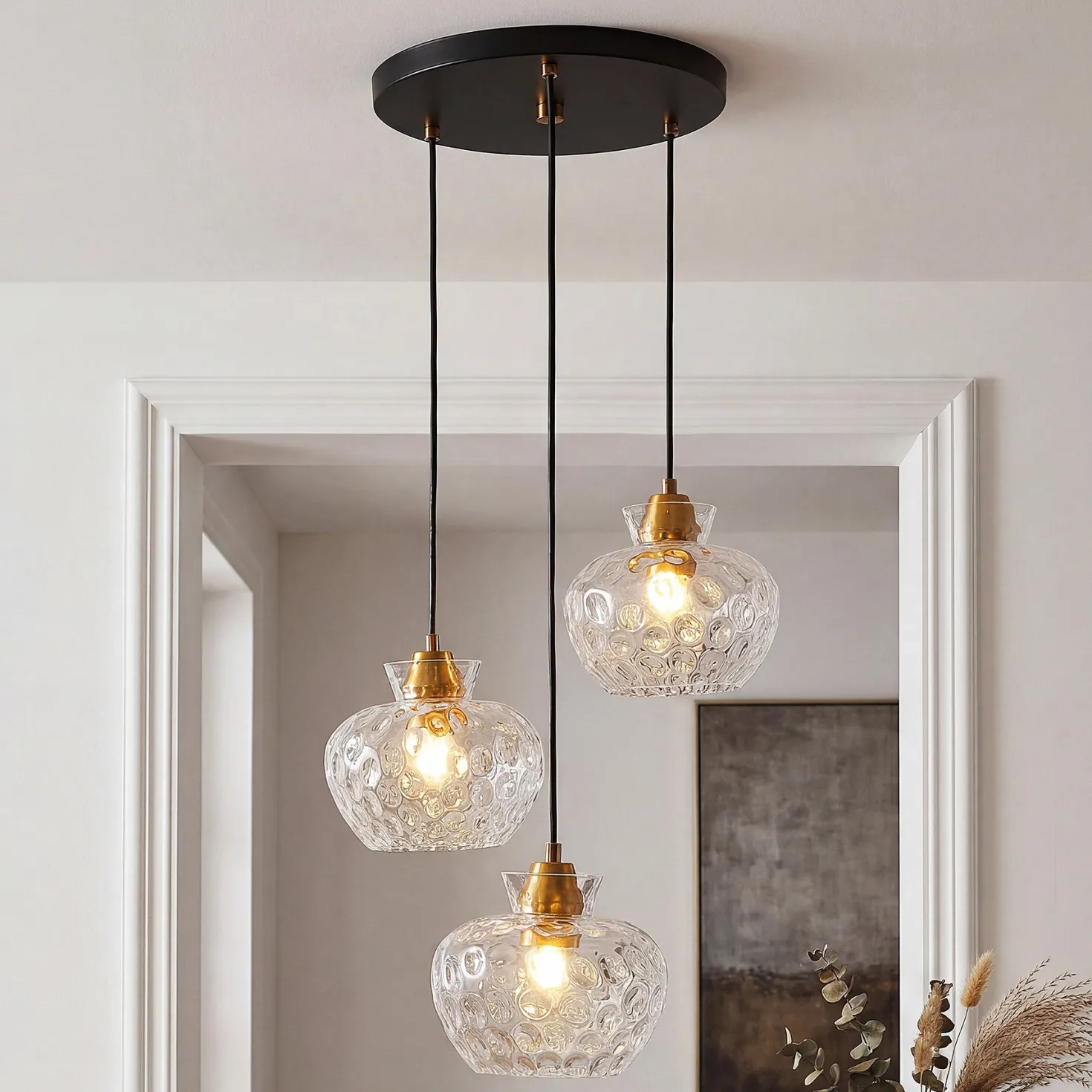 3-Light Pendant Lighting, Kitchen Ceiling Light Fixtures with Water Ripple Glass Shade
