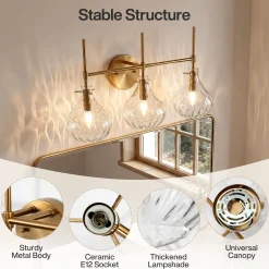 3-Light Vanity Light, Bathroom Light Fixtures with Water Ripple Glass Shades