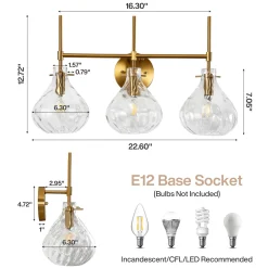3-Light Vanity Light, Bathroom Light Fixtures with Water Ripple Glass Shades