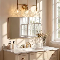3-Light Vanity Light, Bathroom Light Fixtures with Water Ripple Glass Shades