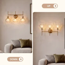 3-Light Vanity Light, Bathroom Light Fixtures with Water Ripple Glass Shades