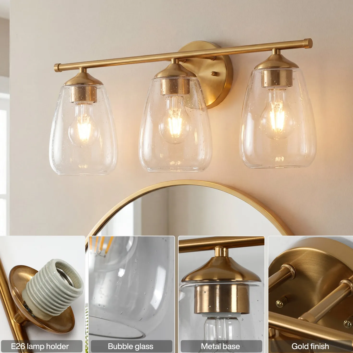 3-Light Vanity Light, Bathroom Wall Light Fixtures with Transparent Bubble Glass Shade