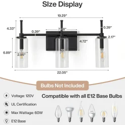 3-Light Vanity Light Fixture, Modern Bathroom Wall Sconce with Clear Glass Shades
