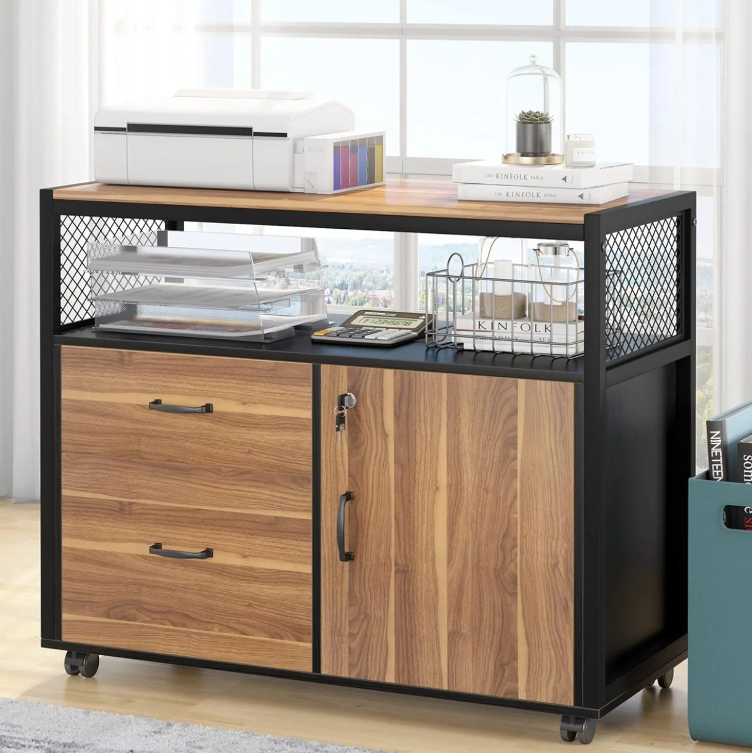 Lockable File Cabinet Printer Stand with Drawers & Caster