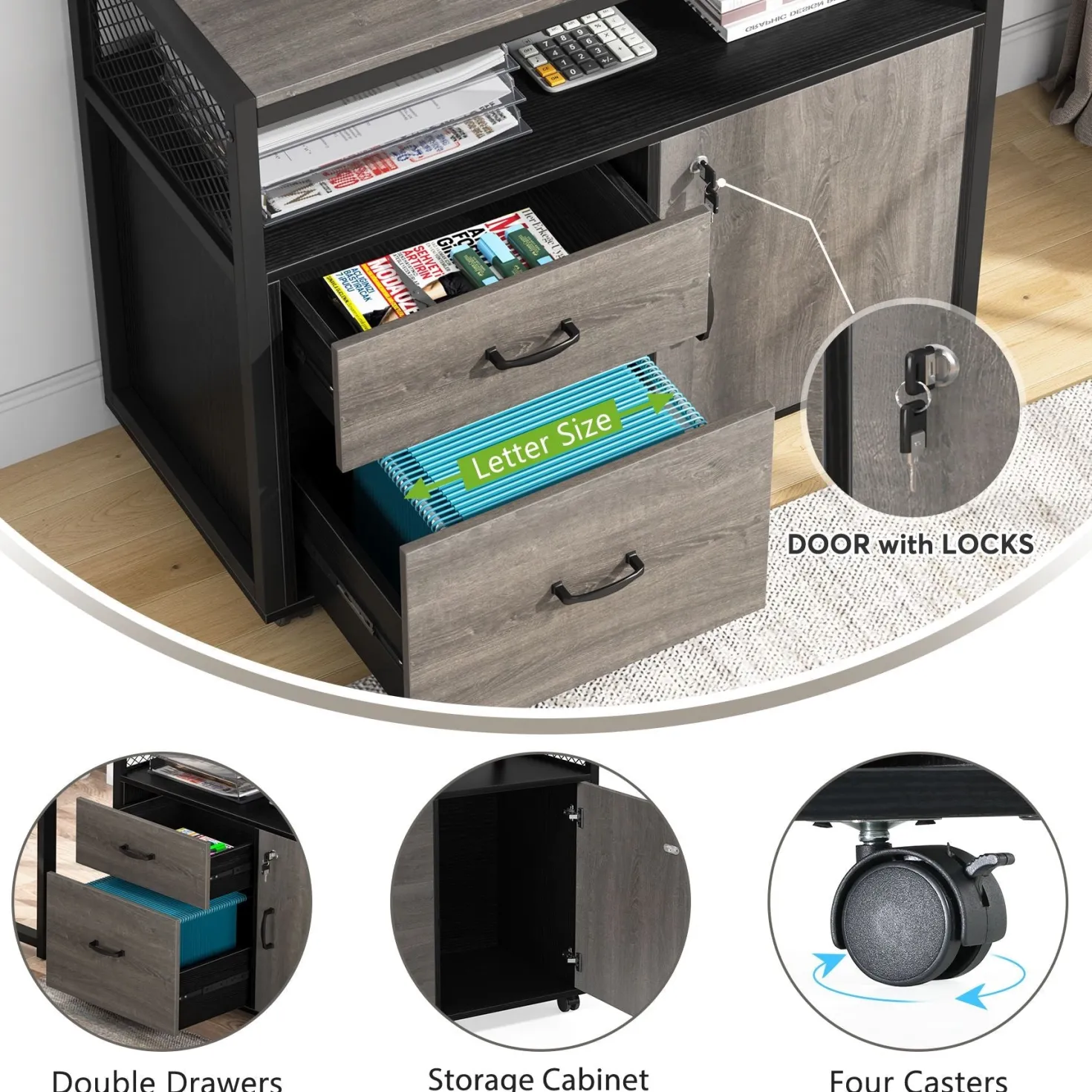 Lockable File Cabinet Printer Stand with Drawers & Caster