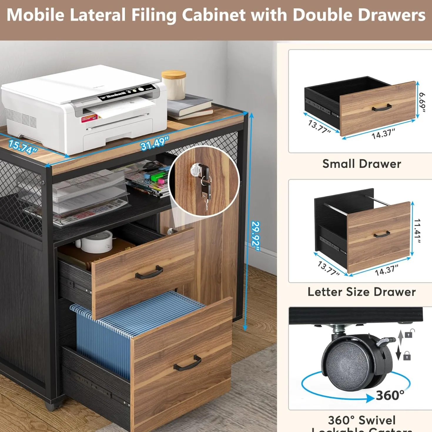 Lockable File Cabinet Printer Stand with Drawers & Caster