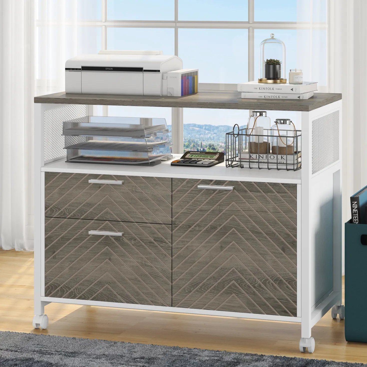 Lockable File Cabinet Printer Stand with Drawers & Caster