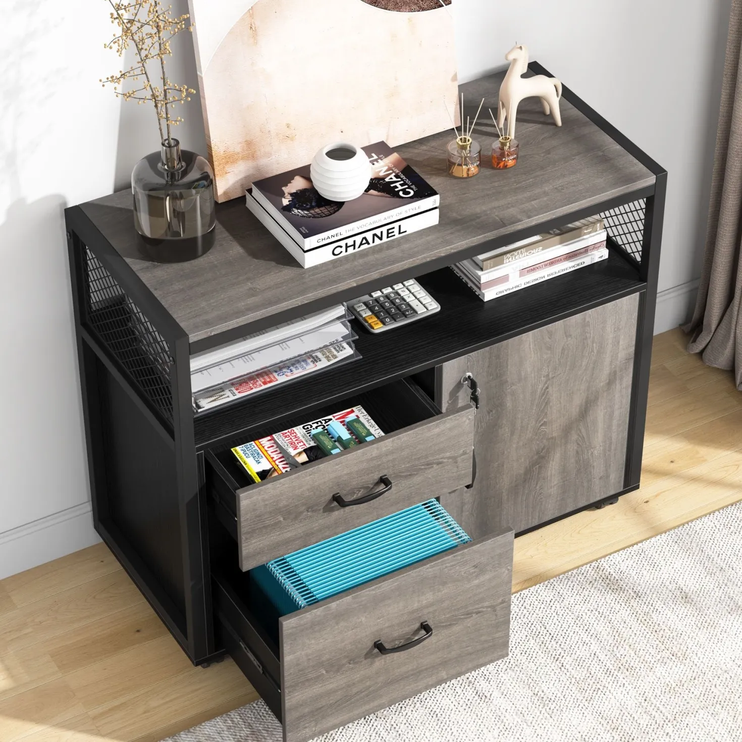Lockable File Cabinet Printer Stand with Drawers & Caster