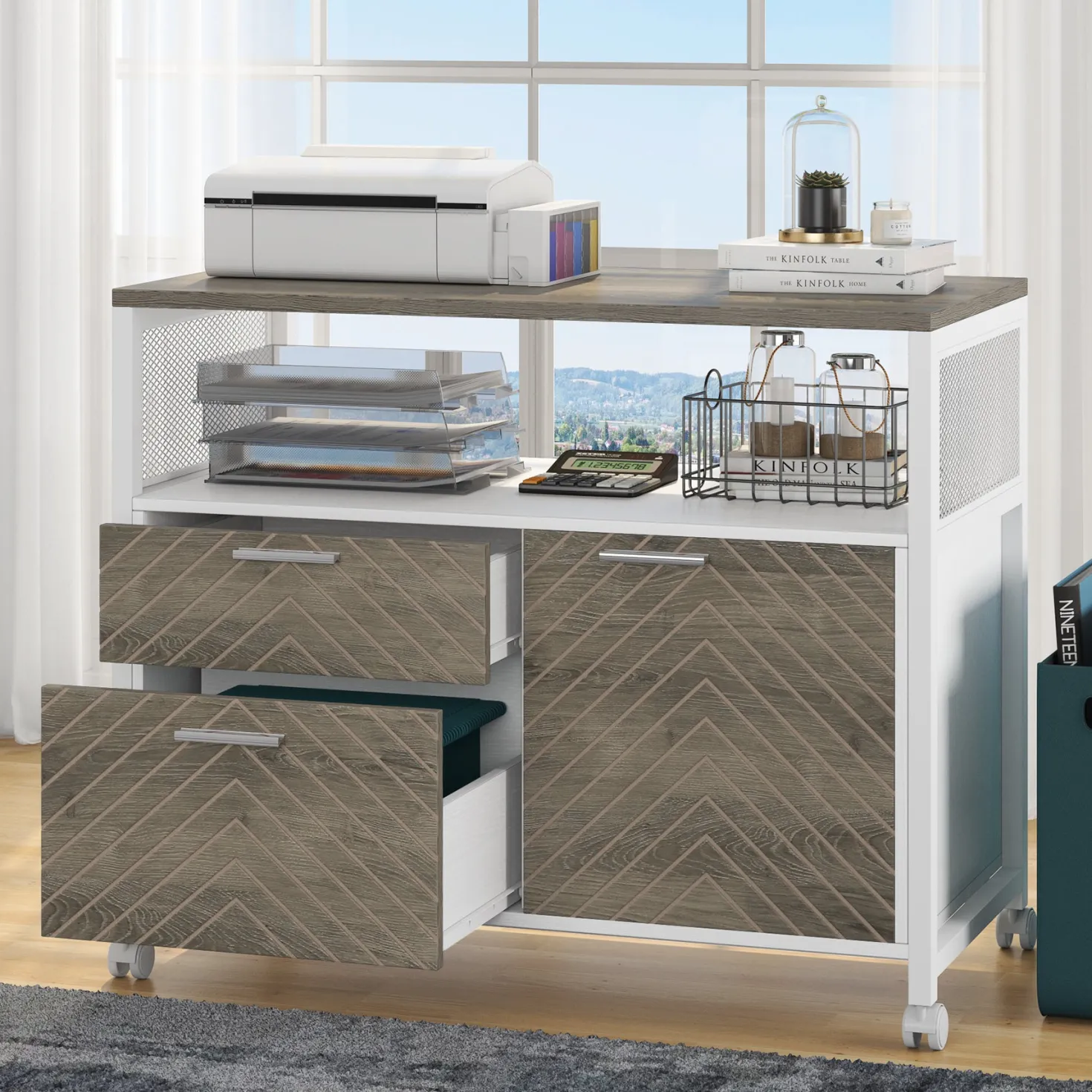 Lockable File Cabinet Printer Stand with Drawers & Caster