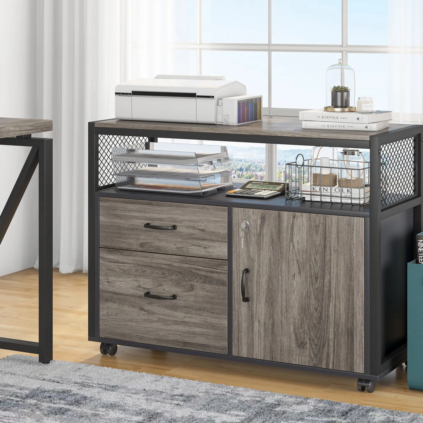 Lockable File Cabinet Printer Stand with Drawers & Caster