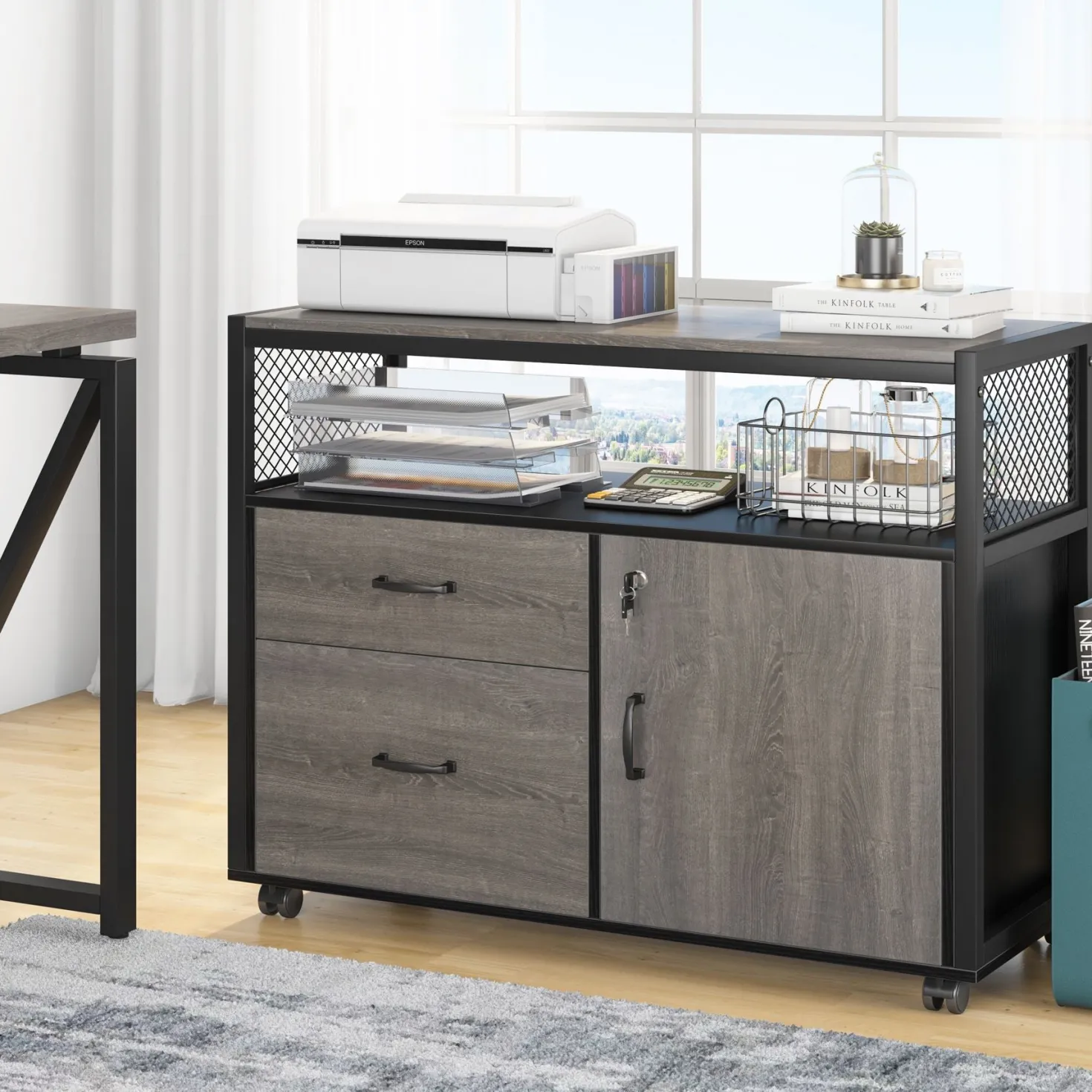 Lockable File Cabinet Printer Stand with Drawers & Caster