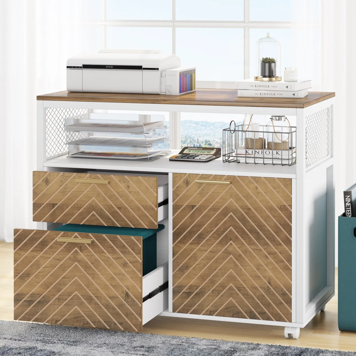 Lockable File Cabinet Printer Stand with Drawers & Caster