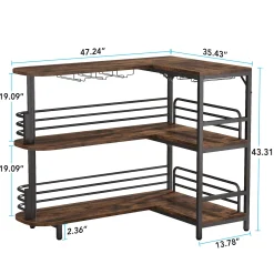 L-Shaped Bar Unit, 3 Tier Liquor Bar Table with Wine Glasses Holder
