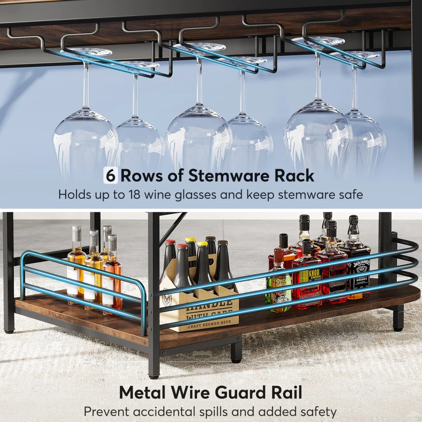 L-Shaped Bar Unit, 3 Tier Liquor Bar Table with Wine Glasses Holder