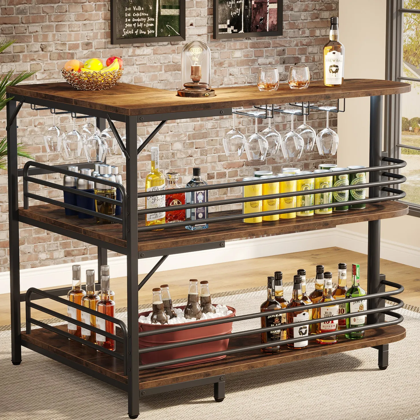 L-Shaped Bar Unit, 3 Tier Liquor Bar Table with Wine Glasses Holder
