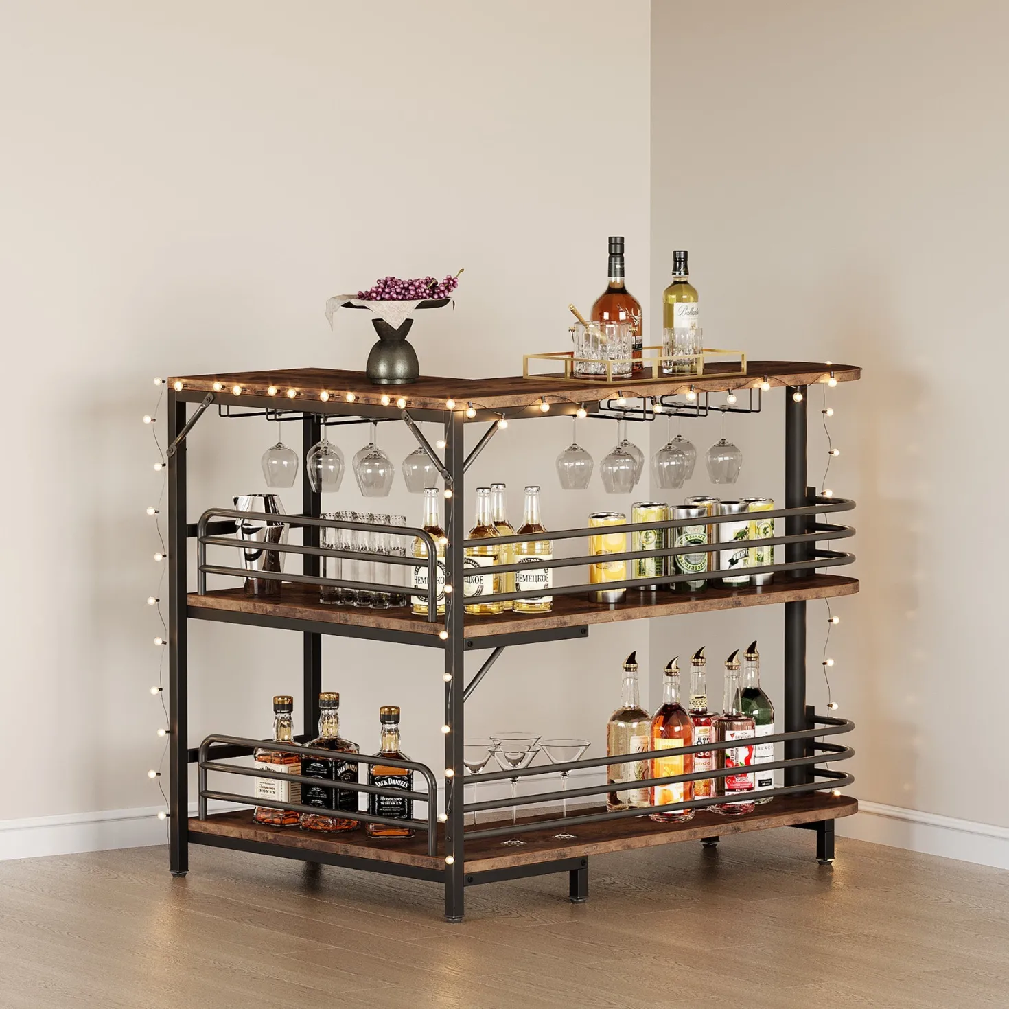 L-Shaped Bar Unit, 3 Tier Liquor Bar Table with Wine Glasses Holder