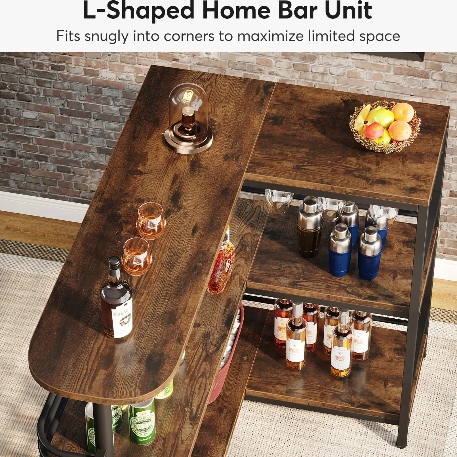 L-Shaped Bar Unit, 3 Tier Liquor Bar Table with Wine Glasses Holder