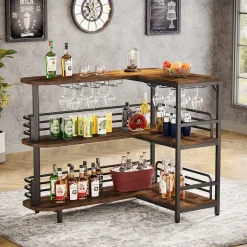 L-Shaped Bar Unit, 3 Tier Liquor Bar Table with Wine Glasses Holder