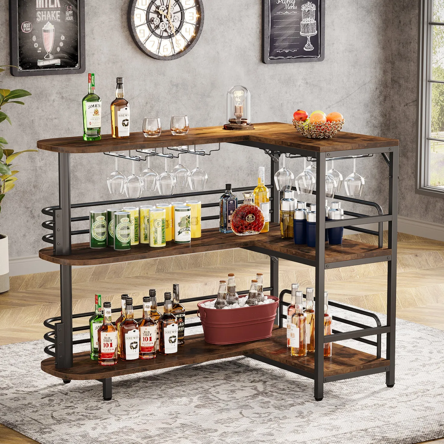 L-Shaped Bar Unit, 3 Tier Liquor Bar Table with Wine Glasses Holder