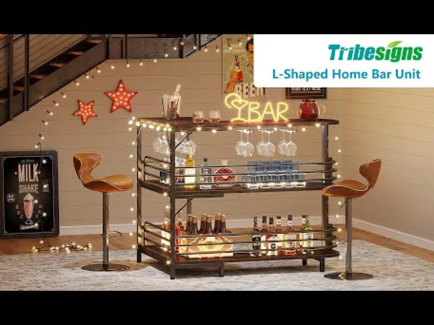 L-Shaped Bar Unit, 3 Tier Liquor Bar Table with Wine Glasses Holder
