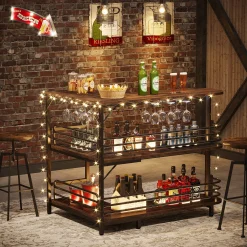 L-Shaped Bar Unit, 3 Tier Liquor Bar Table with Wine Glasses Holder