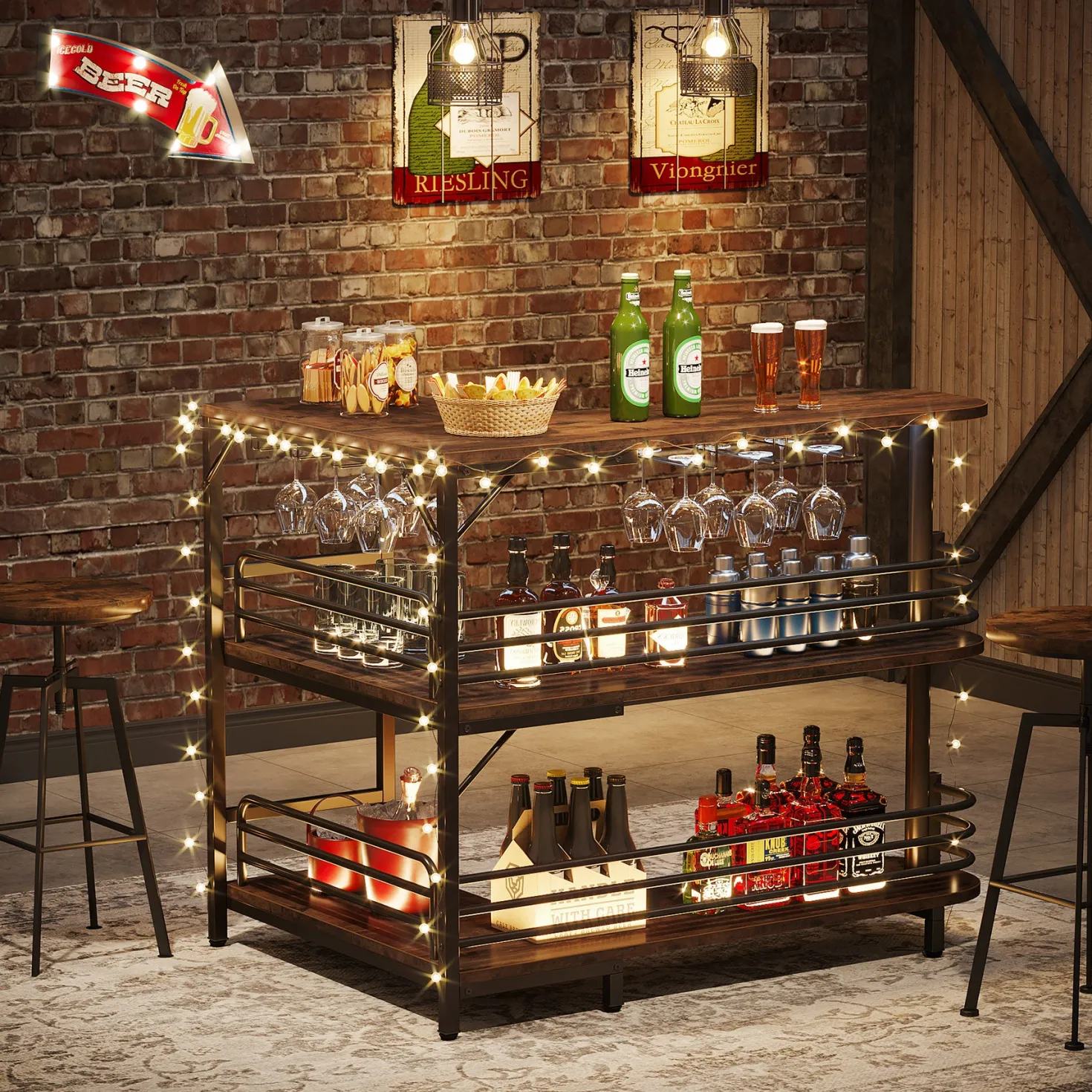L-Shaped Bar Unit, 3 Tier Liquor Bar Table with Wine Glasses Holder