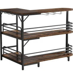 L-Shaped Bar Unit, 3 Tier Liquor Bar Table with Wine Glasses Holder