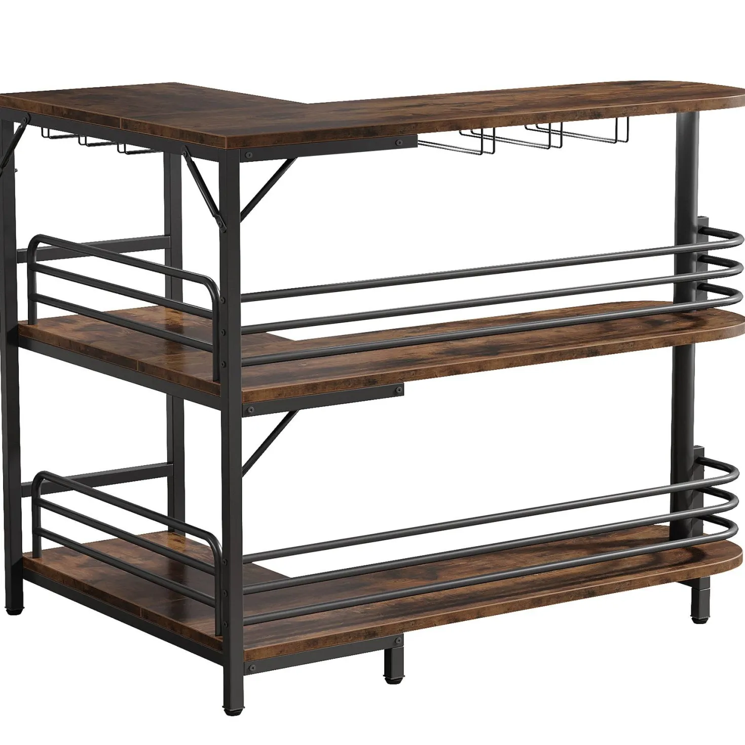L-Shaped Bar Unit, 3 Tier Liquor Bar Table with Wine Glasses Holder