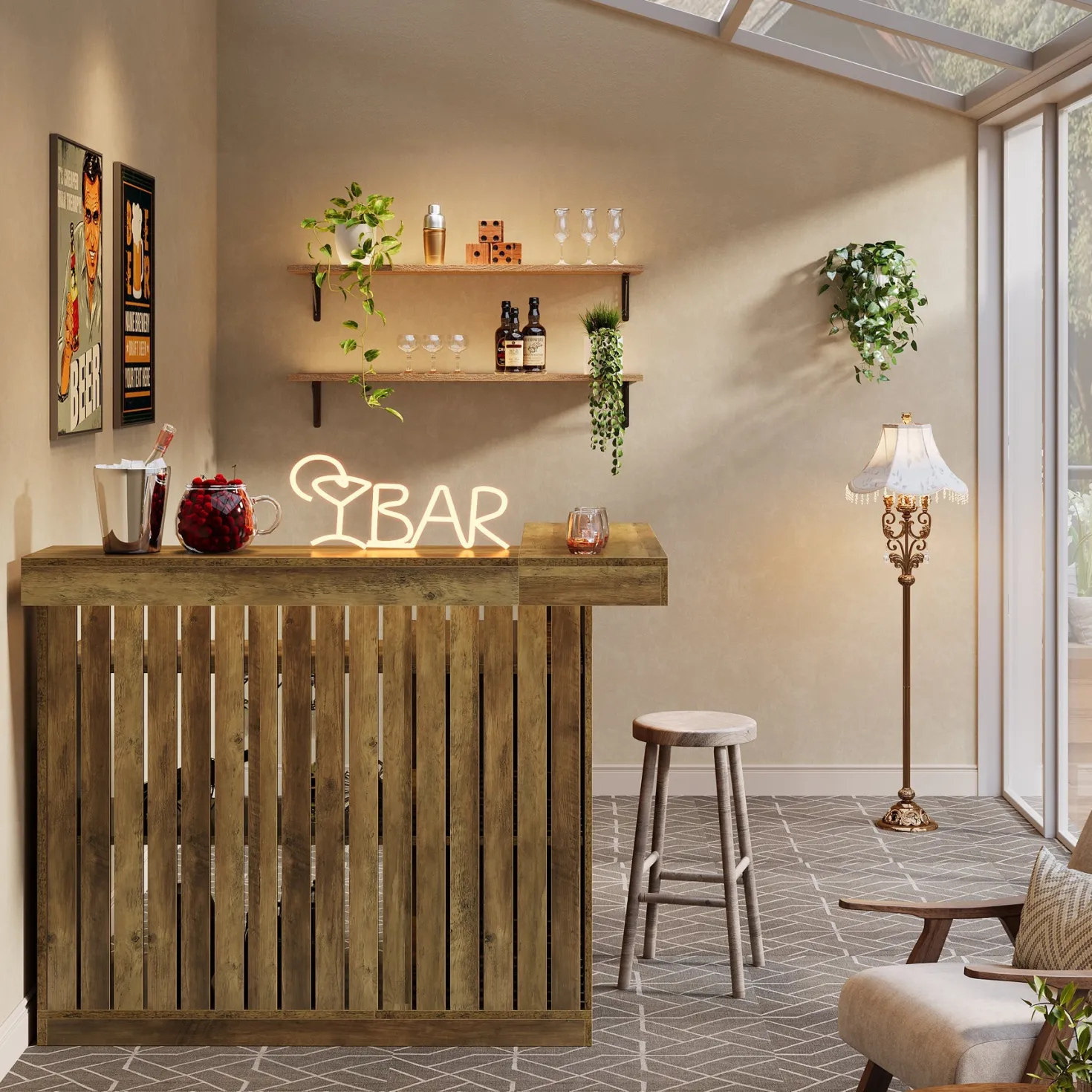 L-Shaped Bar Unit, 4-Tier Corner Liquor Bar Table with Storage Shelves