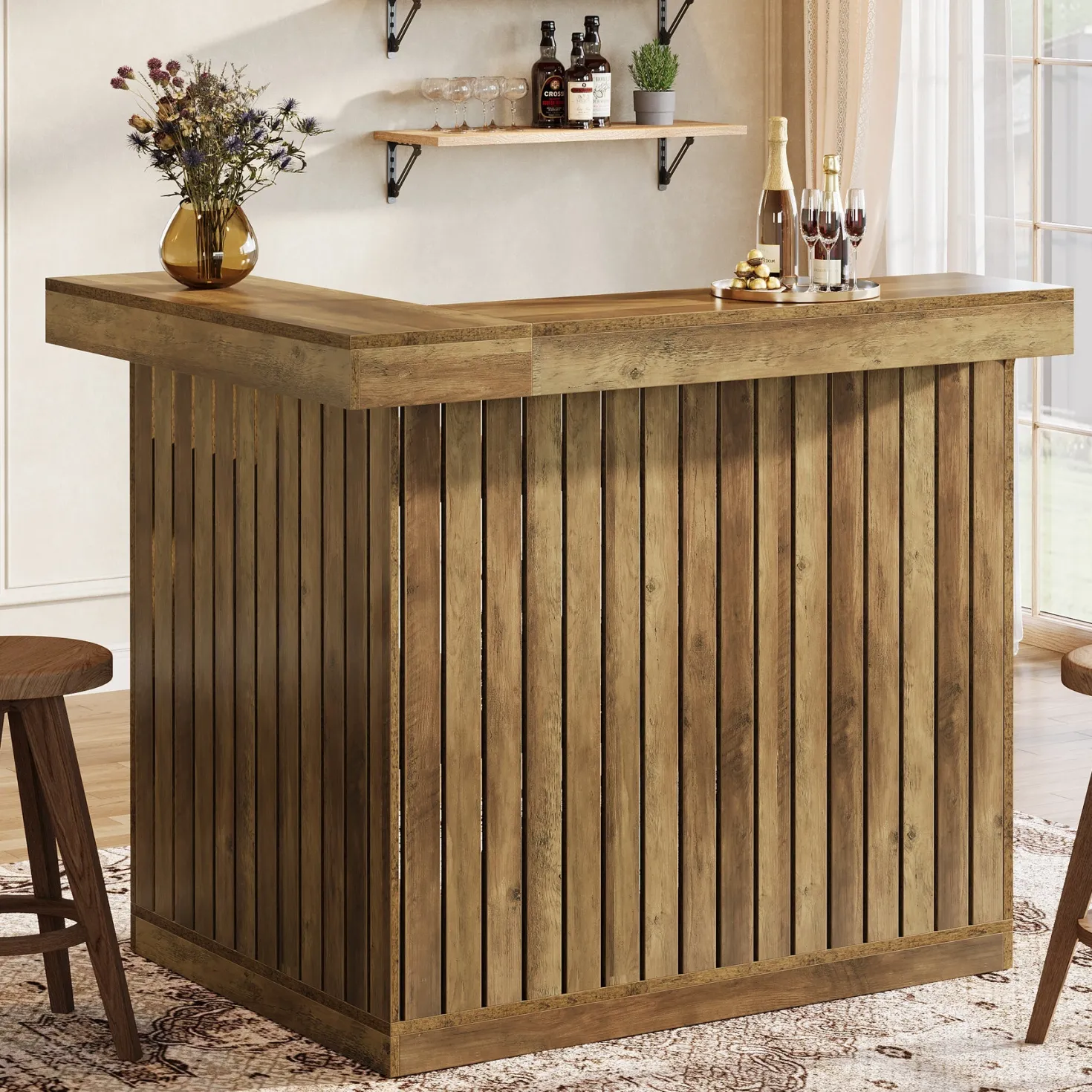 L-Shaped Bar Unit, 4-Tier Corner Liquor Bar Table with Storage Shelves